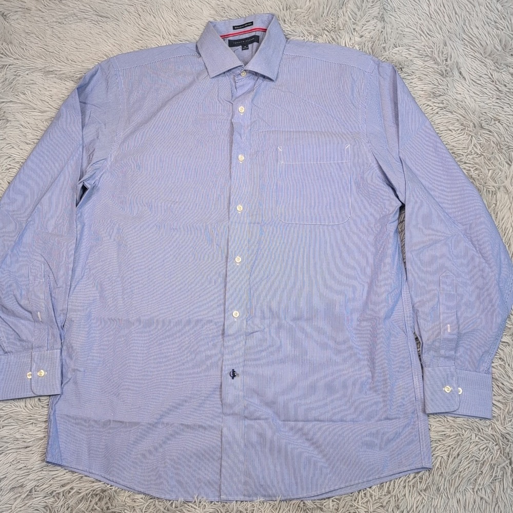 Tommy Hilfiger Shirt Mens 16‎ Blue Pinstriped Regular Fit Button Up 34 35 Pocket
